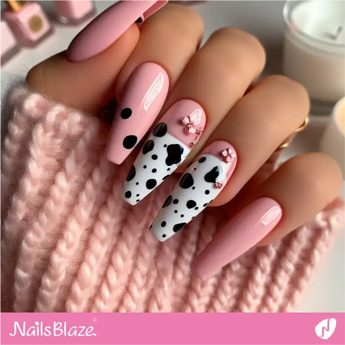 Pink and White Dalmatian Print Coffin Nails | Animal Print Nails - NB1976